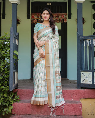 Beige With Aqua Pure Cotton Linen Saree with Geometric Floral Design and Tassels on Edges LINEN