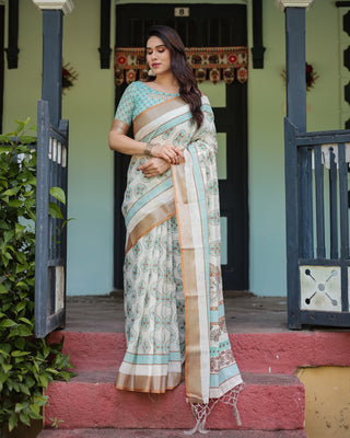 Beige With Aqua Pure Cotton Linen Saree with Geometric Floral Design and Tassels on Edges LINEN