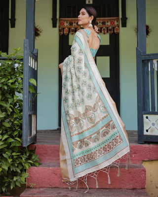 Beige With Aqua Pure Cotton Linen Saree with Geometric Floral Design and Tassels on Edges LINEN
