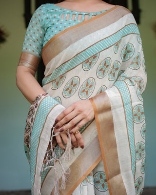 Beige With Aqua Pure Cotton Linen Saree with Geometric Floral Design and Tassels on Edges LINEN