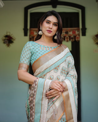 Beige With Aqua Pure Cotton Linen Saree with Geometric Floral Design and Tassels on Edges LINEN