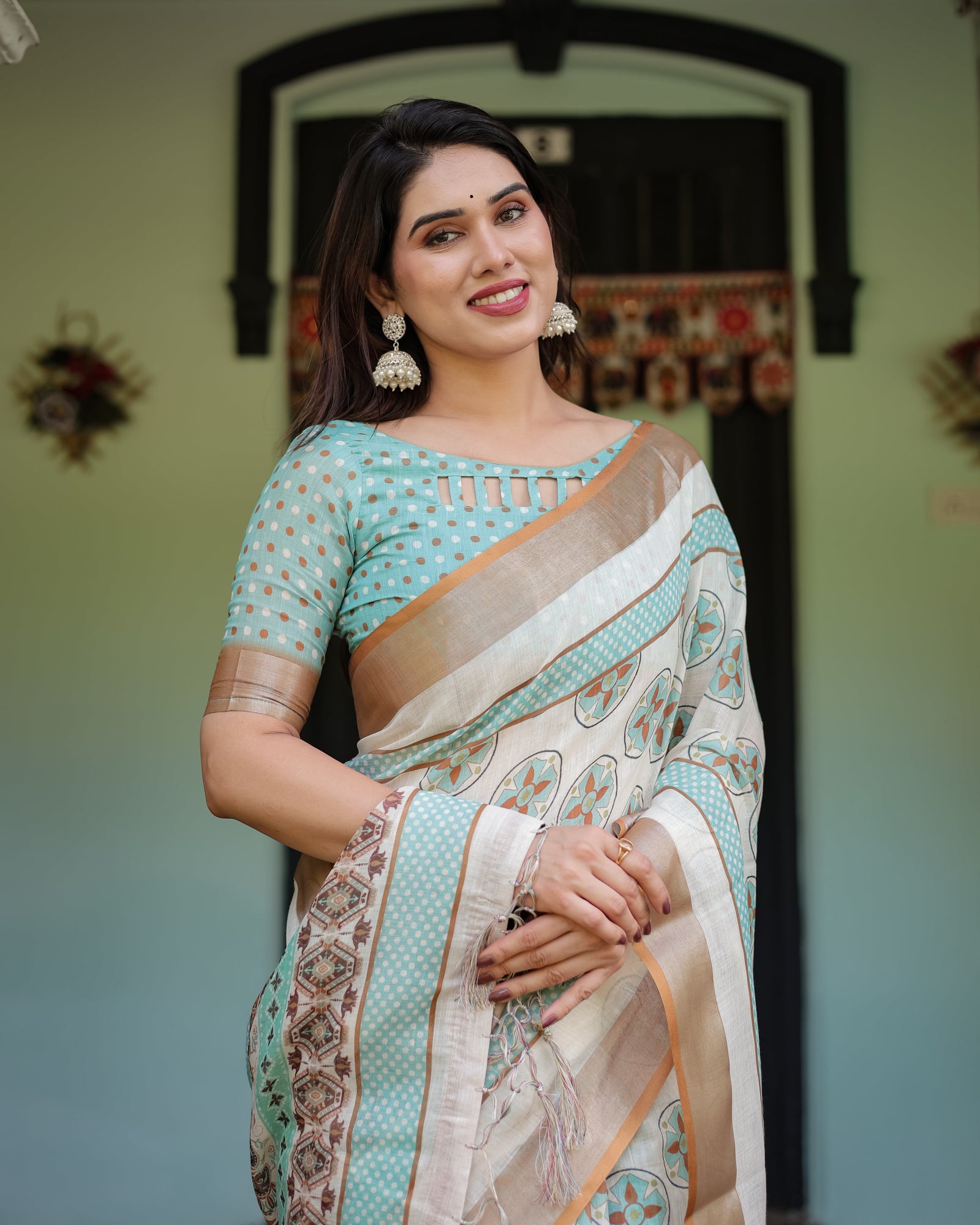 Beige With Aqua Pure Cotton Linen Saree with Geometric Floral Design and Tassels on Edges LINEN