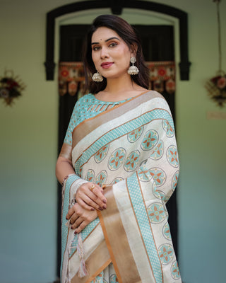 Beige With Aqua Pure Cotton Linen Saree with Geometric Floral Design and Tassels on Edges LINEN