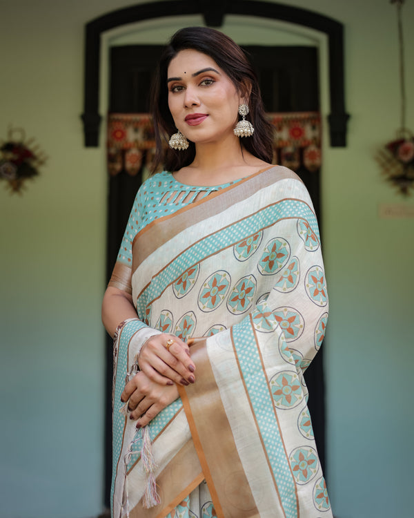 Beige With Aqua Pure Cotton Linen Saree with Geometric Floral Design and Tassels on Edges LINEN