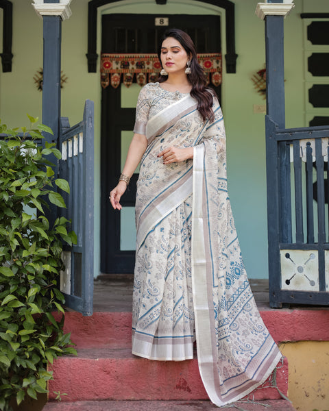 Beige and Blue Floral Printed Pure Cotton Linen Saree with Blouse and Tassels LINEN Main image