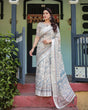 Load image into Gallery viewer, Beige and Blue Floral Printed Pure Cotton Linen Saree with Blouse and Tassels LINEN
