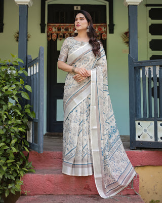 Beige and Blue Floral Printed Pure Cotton Linen Saree with Blouse and Tassels LINEN