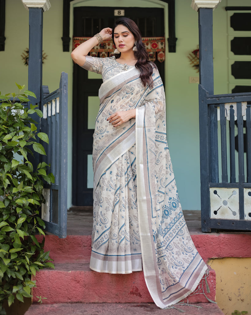 Beige and Blue Floral Printed Pure Cotton Linen Saree with Blouse and Tassels LINEN