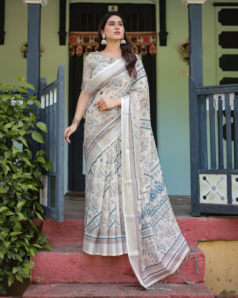 Beige and Blue Floral Printed Pure Cotton Linen Saree with Blouse and Tassels LINEN
