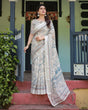 Load image into Gallery viewer, Beige and Blue Floral Printed Pure Cotton Linen Saree with Blouse and Tassels LINEN