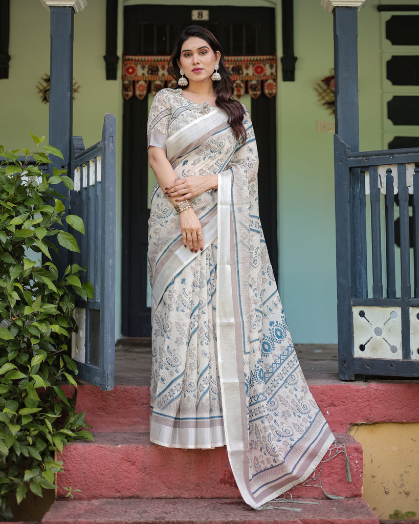 Beige and Blue Floral Printed Pure Cotton Linen Saree with Blouse and Tassels LINEN