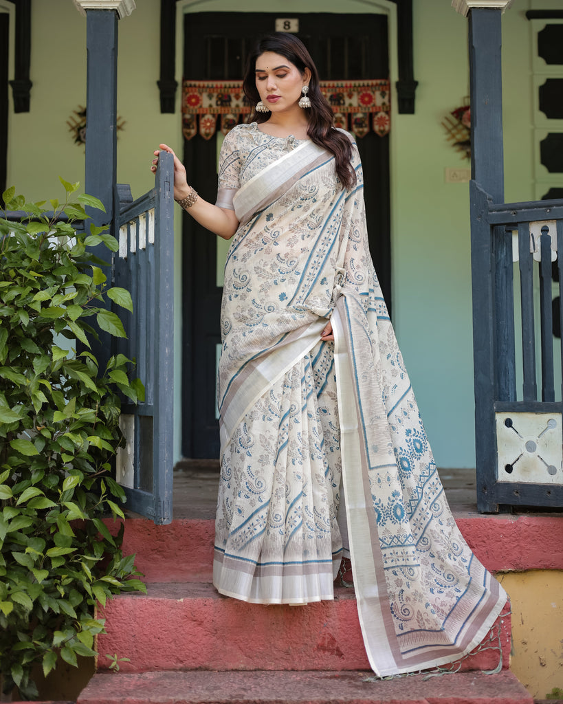 Beige and Blue Floral Printed Pure Cotton Linen Saree with Blouse and Tassels LINEN