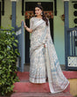 Load image into Gallery viewer, Beige and Blue Floral Printed Pure Cotton Linen Saree with Blouse and Tassels LINEN