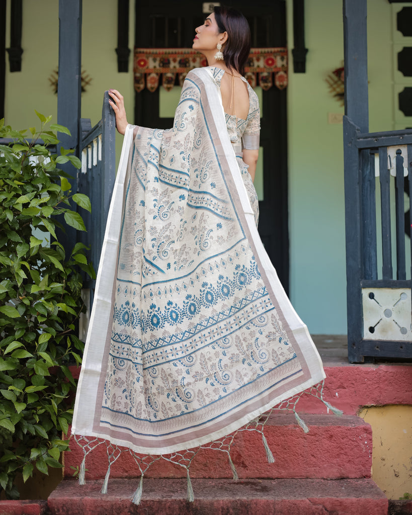 Beige and Blue Floral Printed Pure Cotton Linen Saree with Blouse and Tassels LINEN