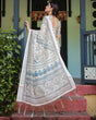 Load image into Gallery viewer, Beige and Blue Floral Printed Pure Cotton Linen Saree with Blouse and Tassels LINEN