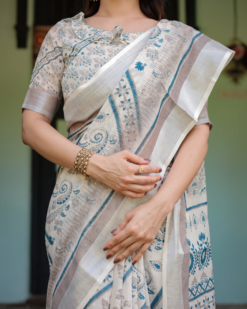 Beige and Blue Floral Printed Pure Cotton Linen Saree with Blouse and Tassels LINEN