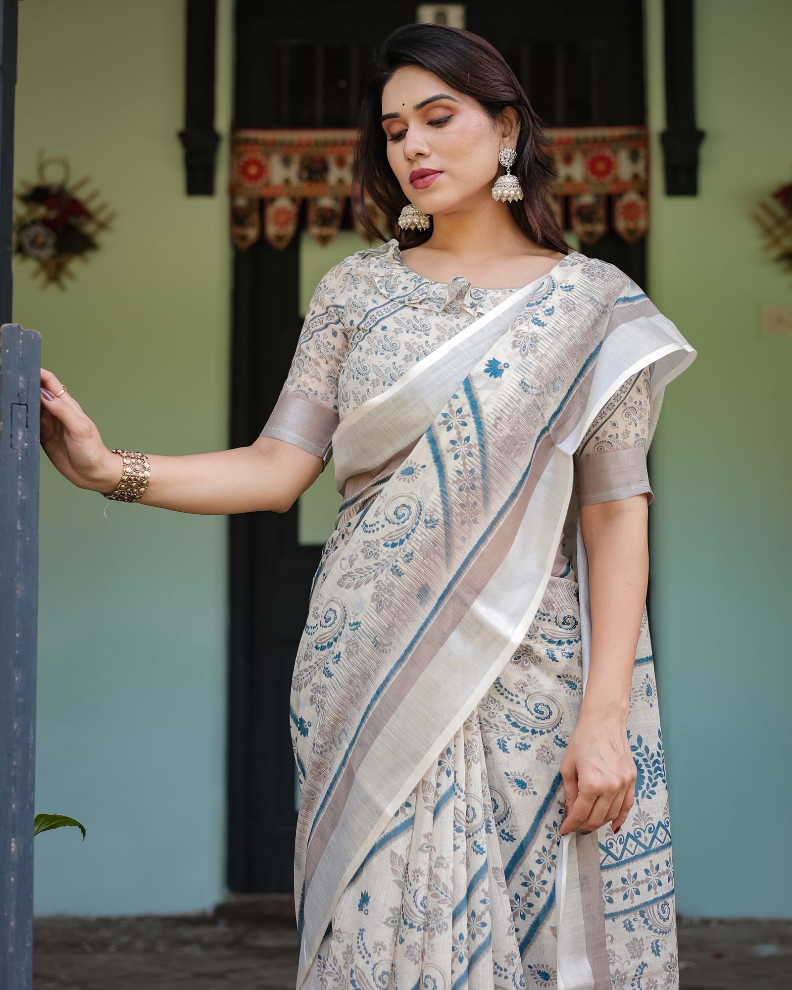 Beige and Blue Floral Printed Pure Cotton Linen Saree with Blouse and Tassels LINEN