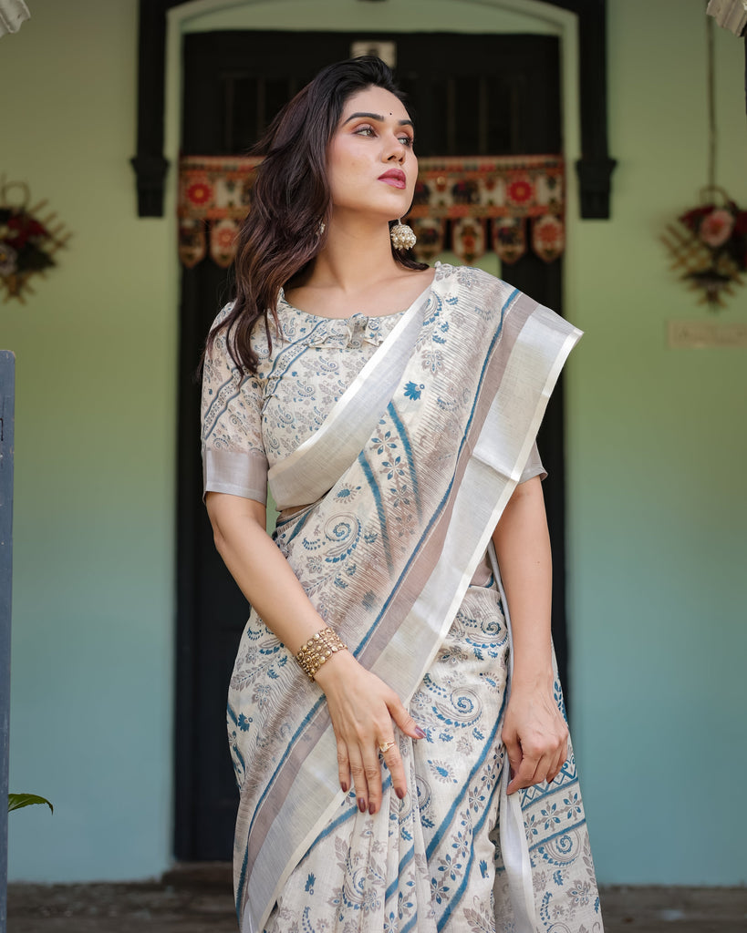 Beige and Blue Floral Printed Pure Cotton Linen Saree with Blouse and Tassels LINEN