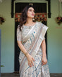 Load image into Gallery viewer, Beige and Blue Floral Printed Pure Cotton Linen Saree with Blouse and Tassels LINEN