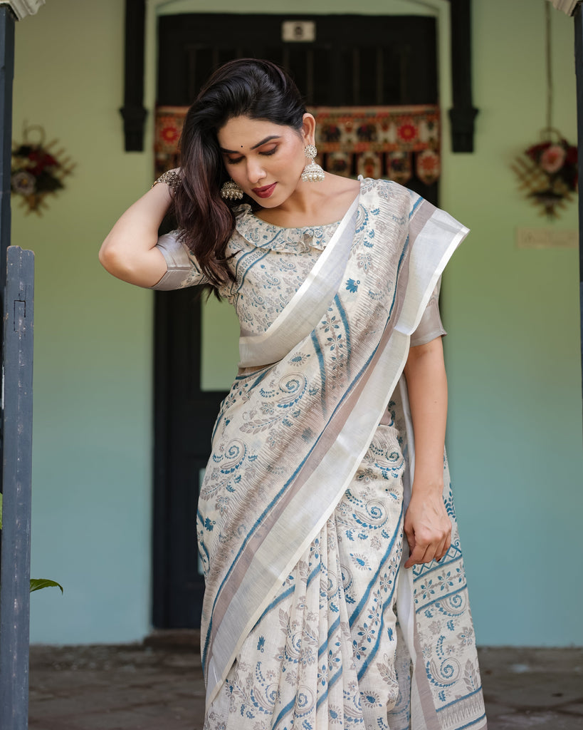Beige and Blue Floral Printed Pure Cotton Linen Saree with Blouse and Tassels LINEN