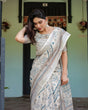 Load image into Gallery viewer, Beige and Blue Floral Printed Pure Cotton Linen Saree with Blouse and Tassels LINEN