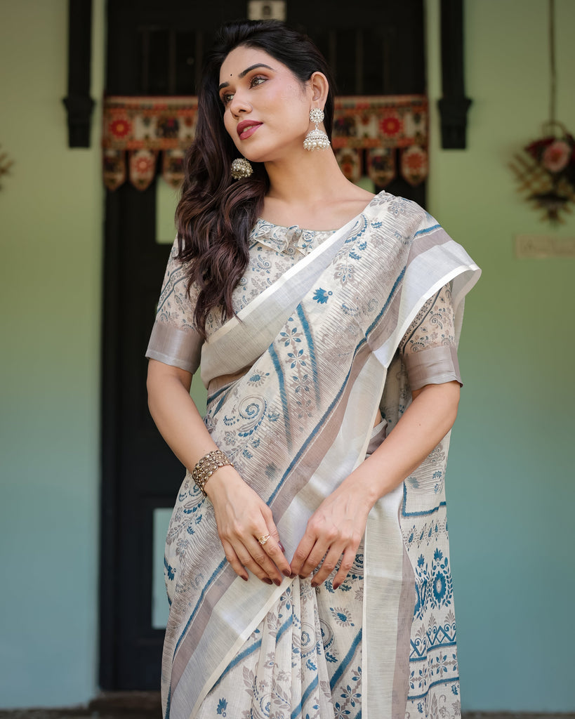 Beige and Blue Floral Printed Pure Cotton Linen Saree with Blouse and Tassels LINEN