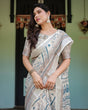 Load image into Gallery viewer, Beige and Blue Floral Printed Pure Cotton Linen Saree with Blouse and Tassels LINEN