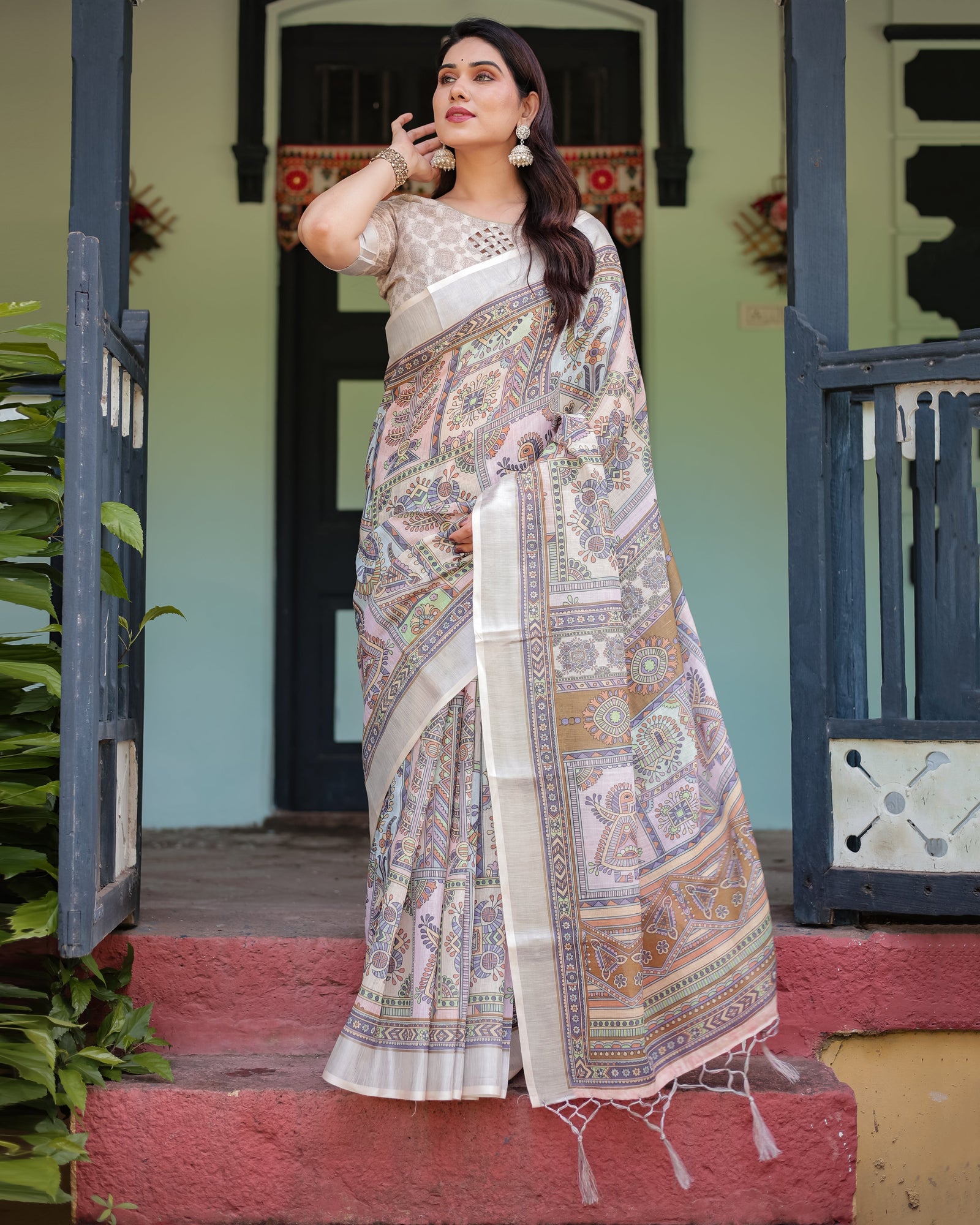 Cream and Pastel Multicolour Printed Pure Cotton Linen Saree with Blouse and Tassels on Edges LINEN