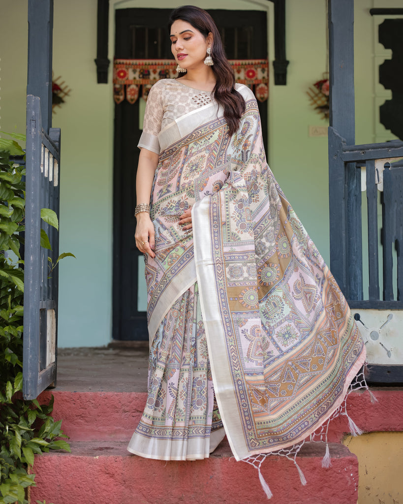 Cream and Pastel Multicolour Printed Pure Cotton Linen Saree with Blouse and Tassels on Edges LINEN