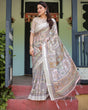 Load image into Gallery viewer, Cream and Pastel Multicolour Printed Pure Cotton Linen Saree with Blouse and Tassels on Edges LINEN