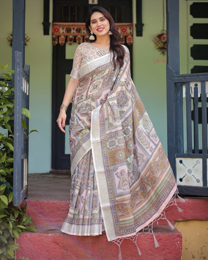 Cream and Pastel Multicolour Printed Pure Cotton Linen Saree with Blouse and Tassels on Edges LINEN