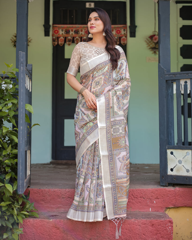 Cream and Pastel Multicolour Printed Pure Cotton Linen Saree with Blouse and Tassels on Edges LINEN