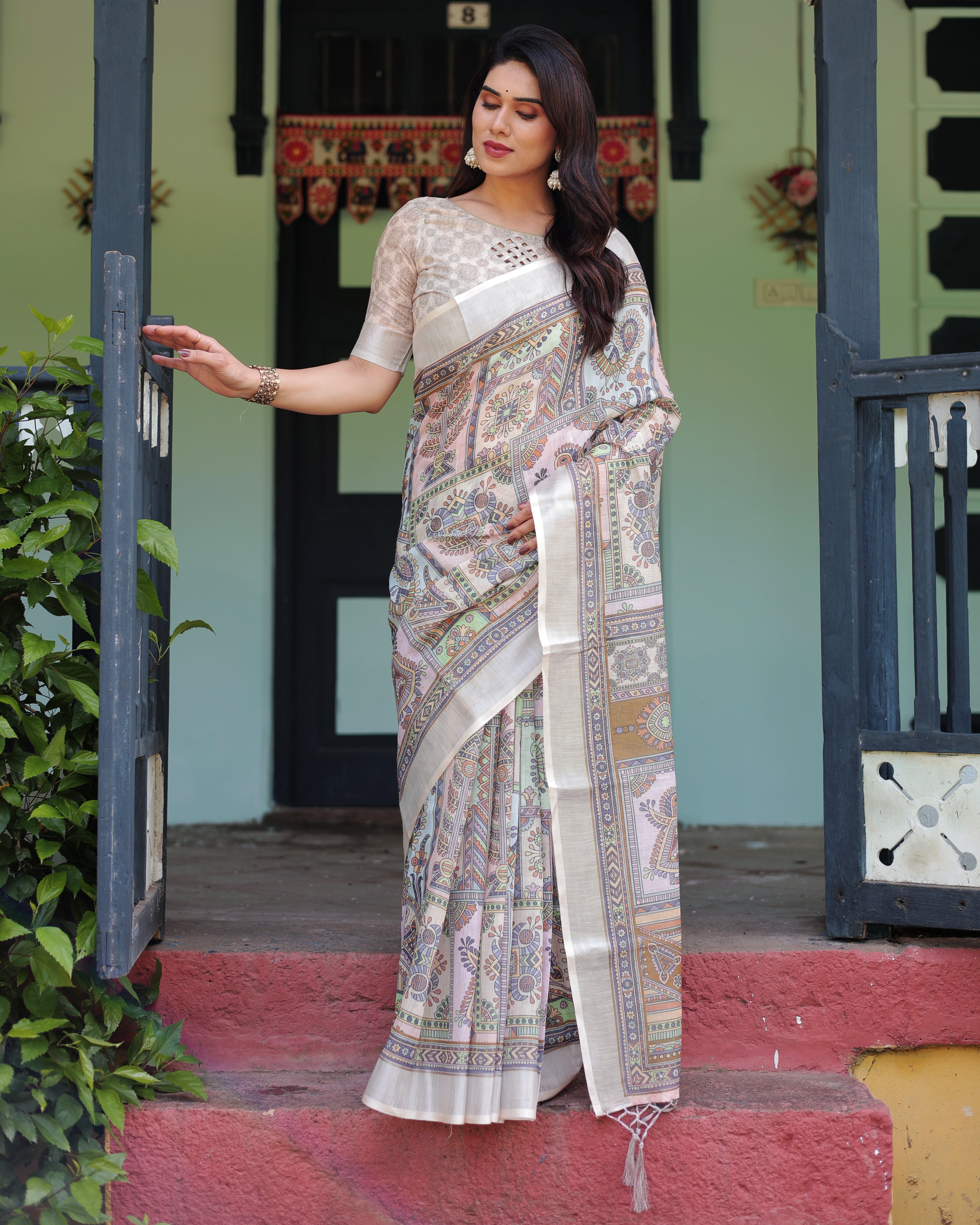 Cream and Pastel Multicolour Printed Pure Cotton Linen Saree with Blouse and Tassels on Edges Secondary image