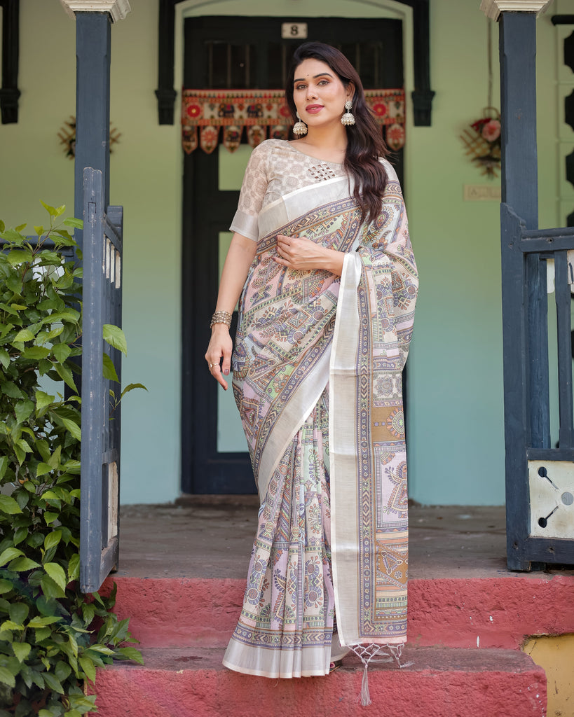 Cream and Pastel Multicolour Printed Pure Cotton Linen Saree with Blouse and Tassels on Edges LINEN