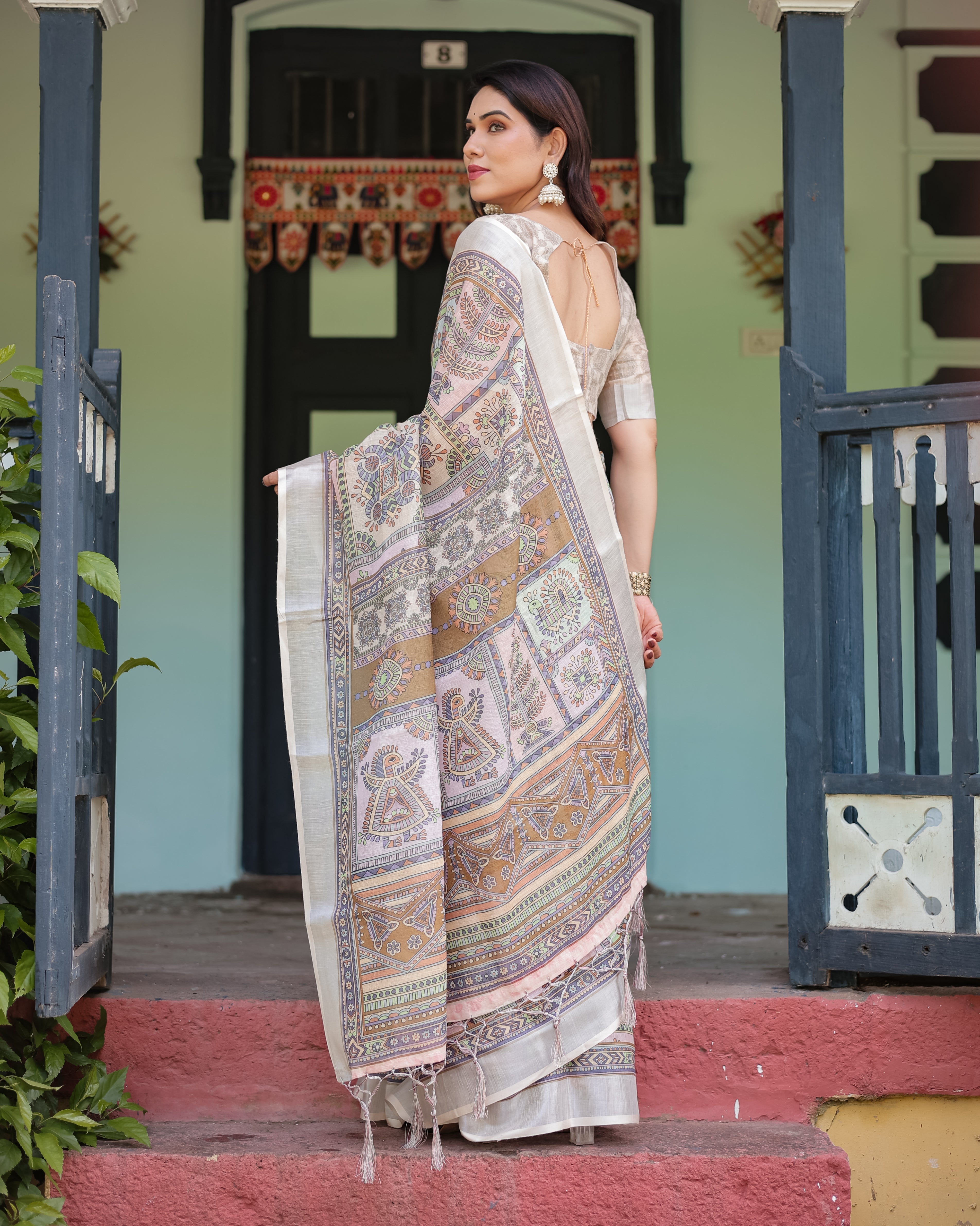 Cream and Pastel Multicolour Printed Pure Cotton Linen Saree with Blouse and Tassels on Edges LINEN