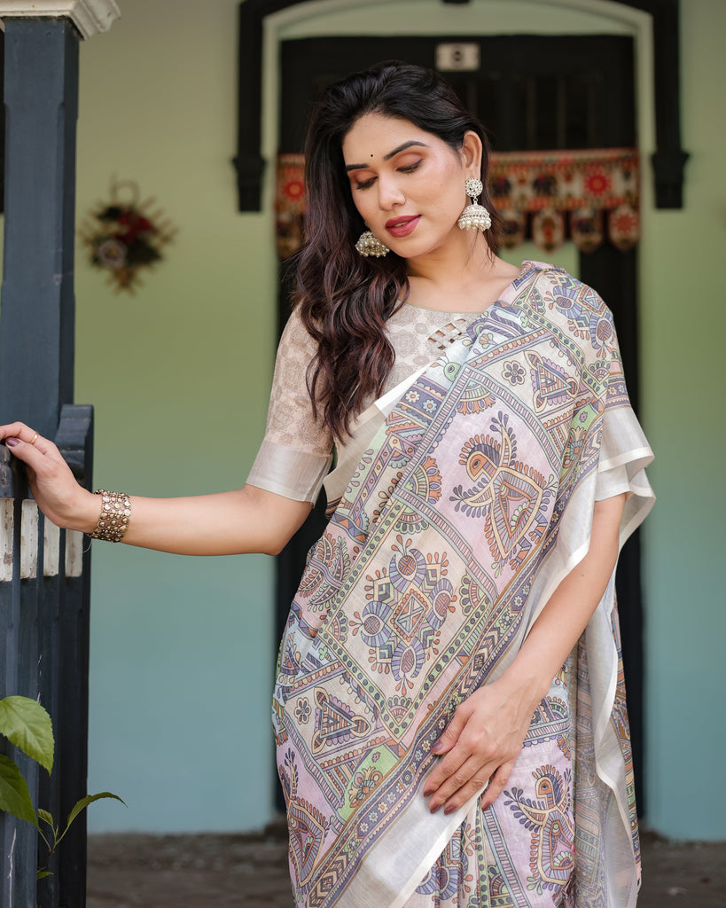 Cream and Pastel Multicolour Printed Pure Cotton Linen Saree with Blouse and Tassels on Edges LINEN