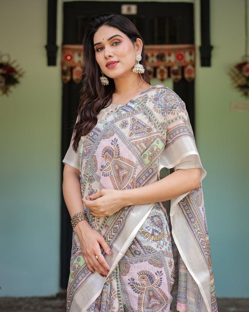 Cream and Pastel Multicolour Printed Pure Cotton Linen Saree with Blouse and Tassels on Edges LINEN