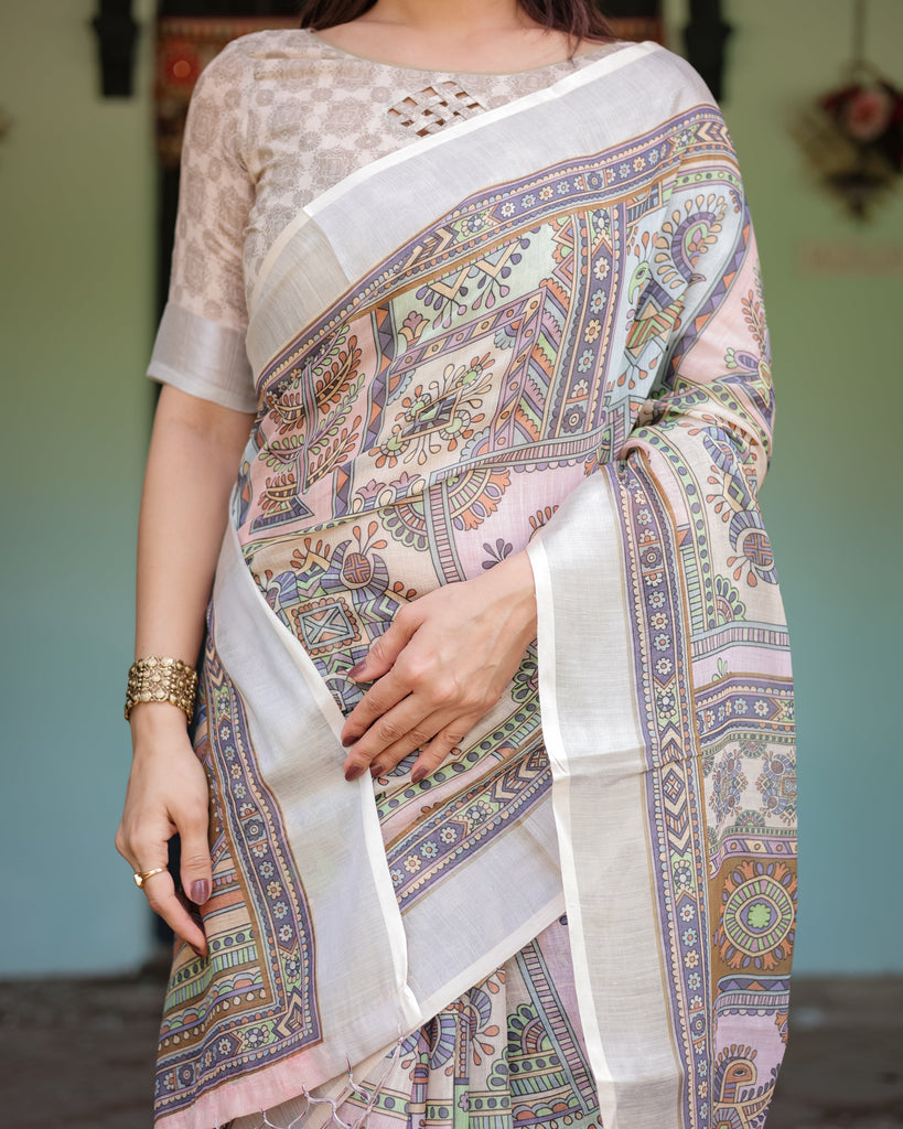Cream and Pastel Multicolour Printed Pure Cotton Linen Saree with Blouse and Tassels on Edges LINEN
