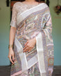 Load image into Gallery viewer, Cream and Pastel Multicolour Printed Pure Cotton Linen Saree with Blouse and Tassels on Edges LINEN