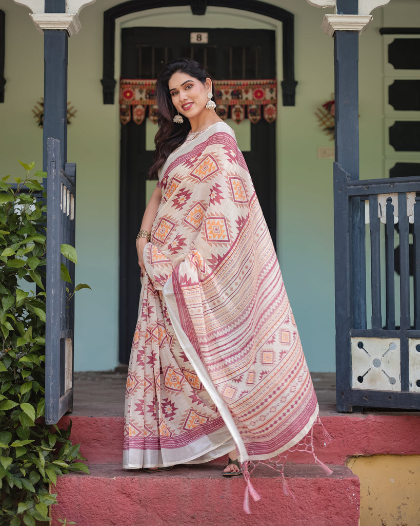 Cream and Maroon Geometric Printed Pure Cotton Linen Saree with Blouse and Tassels LINEN