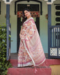 Load image into Gallery viewer, Cream and Maroon Geometric Printed Pure Cotton Linen Saree with Blouse and Tassels LINEN