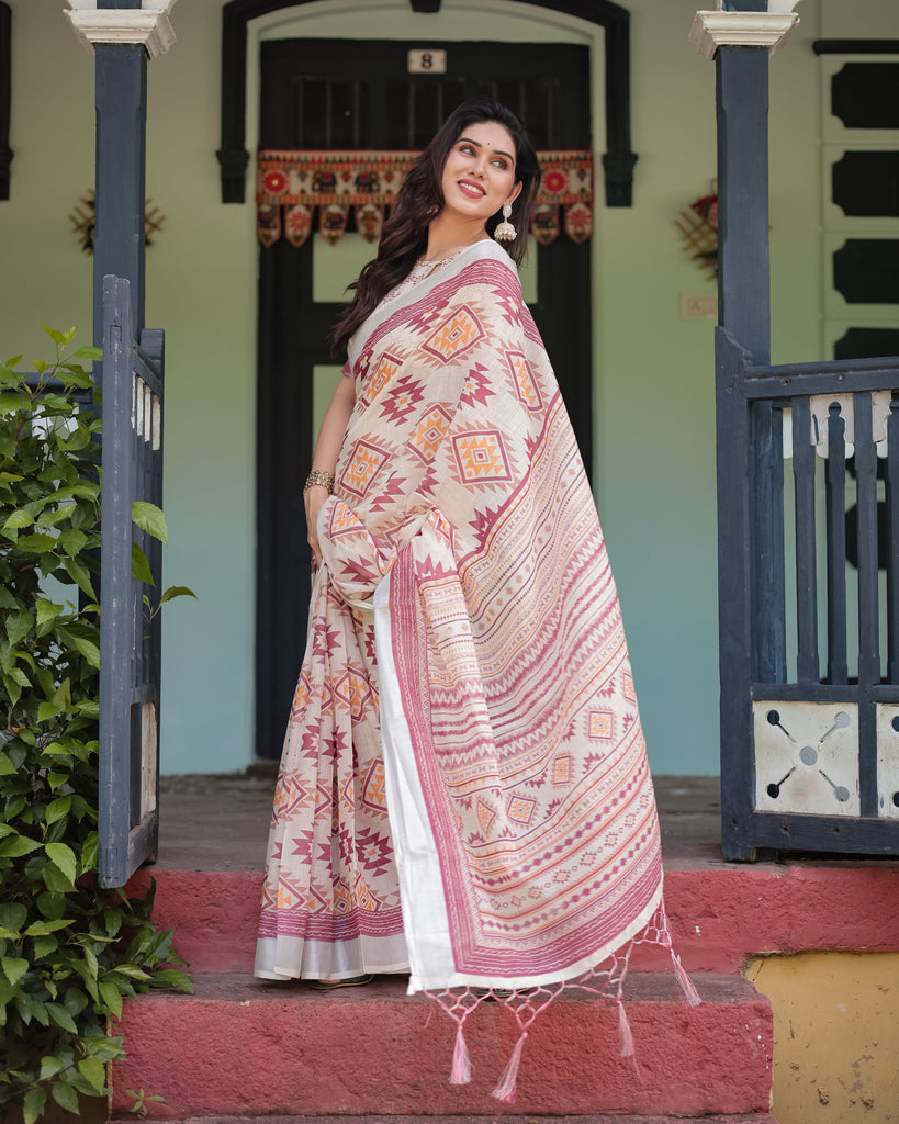 Cream and Maroon Geometric Printed Pure Cotton Linen Saree with Blouse and Tassels LINEN