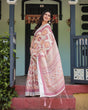 Load image into Gallery viewer, Cream and Maroon Geometric Printed Pure Cotton Linen Saree with Blouse and Tassels LINEN