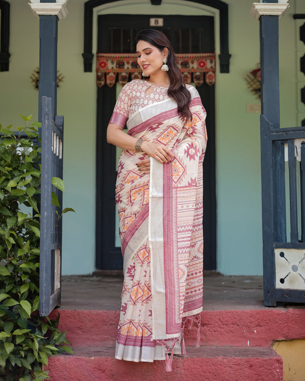 Cream and Maroon Geometric Printed Pure Cotton Linen Saree with Blouse and Tassels LINEN