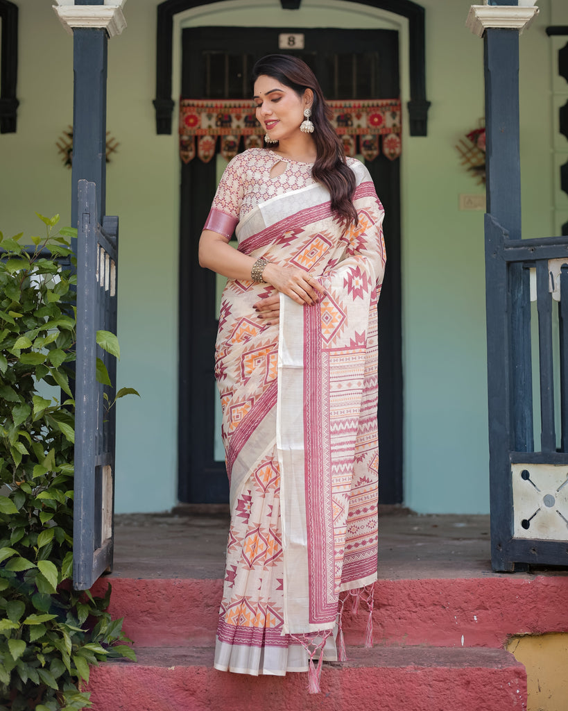 Cream and Maroon Geometric Printed Pure Cotton Linen Saree with Blouse and Tassels LINEN