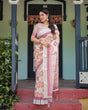 Load image into Gallery viewer, Cream and Maroon Geometric Printed Pure Cotton Linen Saree with Blouse and Tassels LINEN