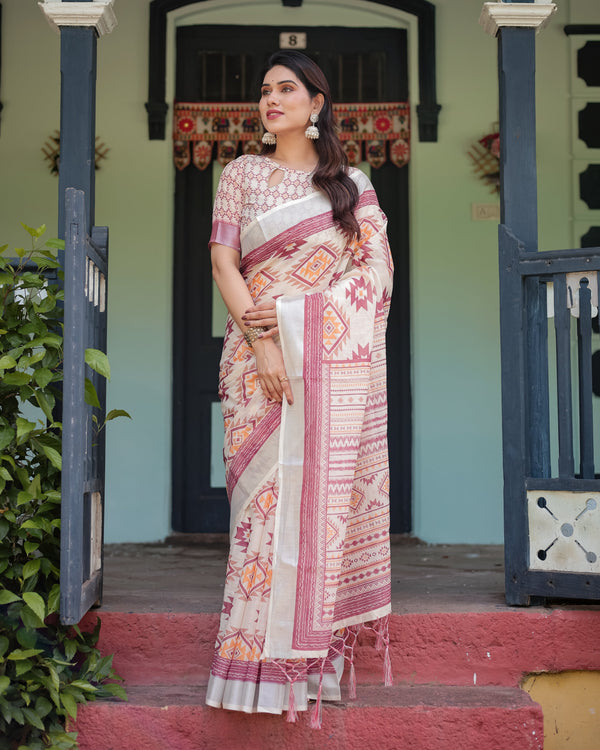 Cream and Maroon Geometric Printed Pure Cotton Linen Saree with Blouse and Tassels LINEN