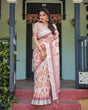 Load image into Gallery viewer, Cream and Maroon Geometric Printed Pure Cotton Linen Saree with Blouse and Tassels LINEN