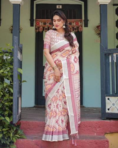 Cream and Maroon Geometric Printed Pure Cotton Linen Saree with Blouse and Tassels LINEN
