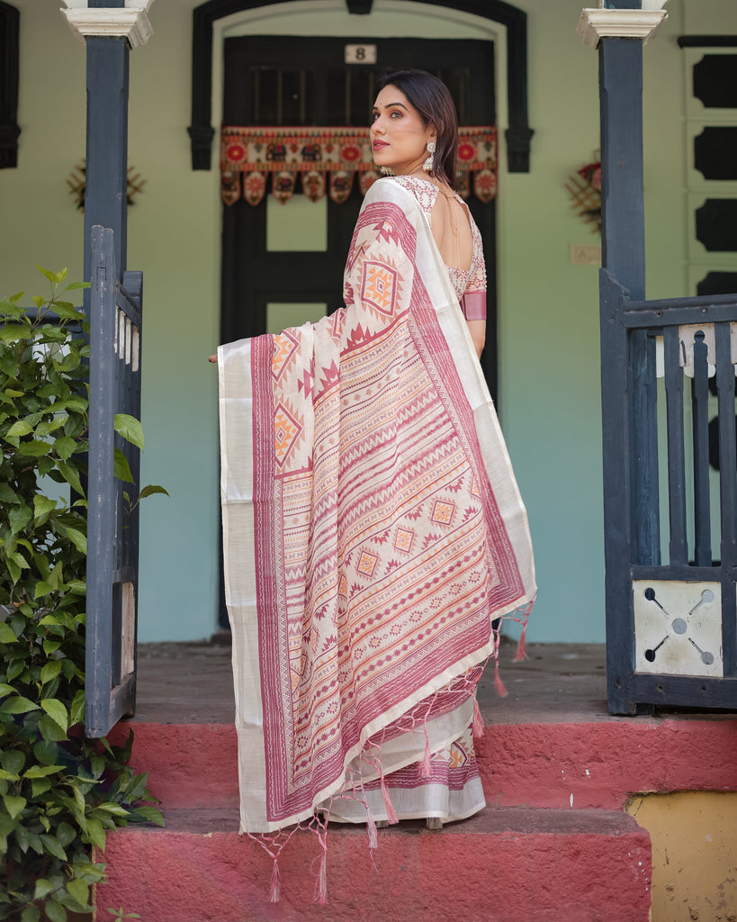 Cream and Maroon Geometric Printed Pure Cotton Linen Saree with Blouse and Tassels LINEN